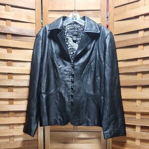 Venezia Black Women 14 16 Leather Jacket Blazer Coat Floral Lining Polyester